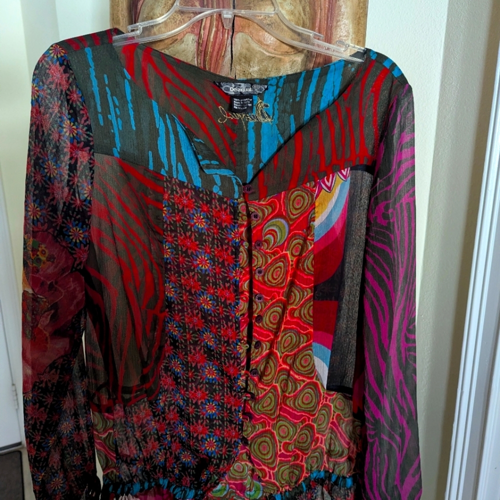 Desigual Sheer Button Up Psychedelic Print Multicolor Blouse | Size: 40